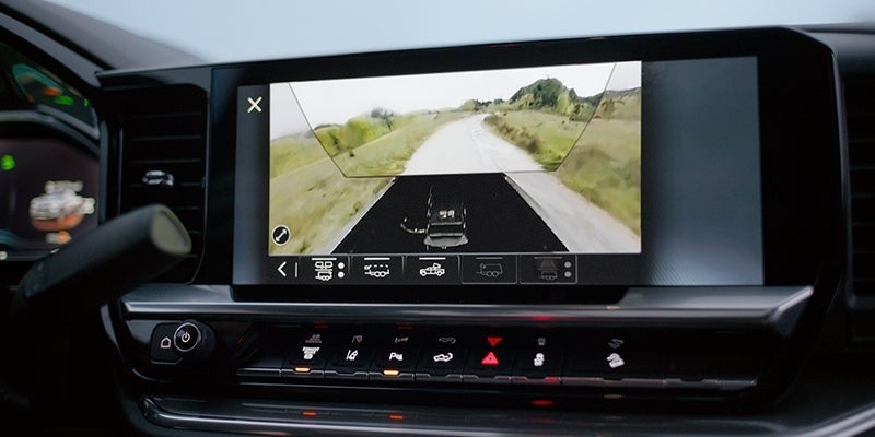 Close up of the navigation system and backup camera on a 2024 Chevy Silverado HD